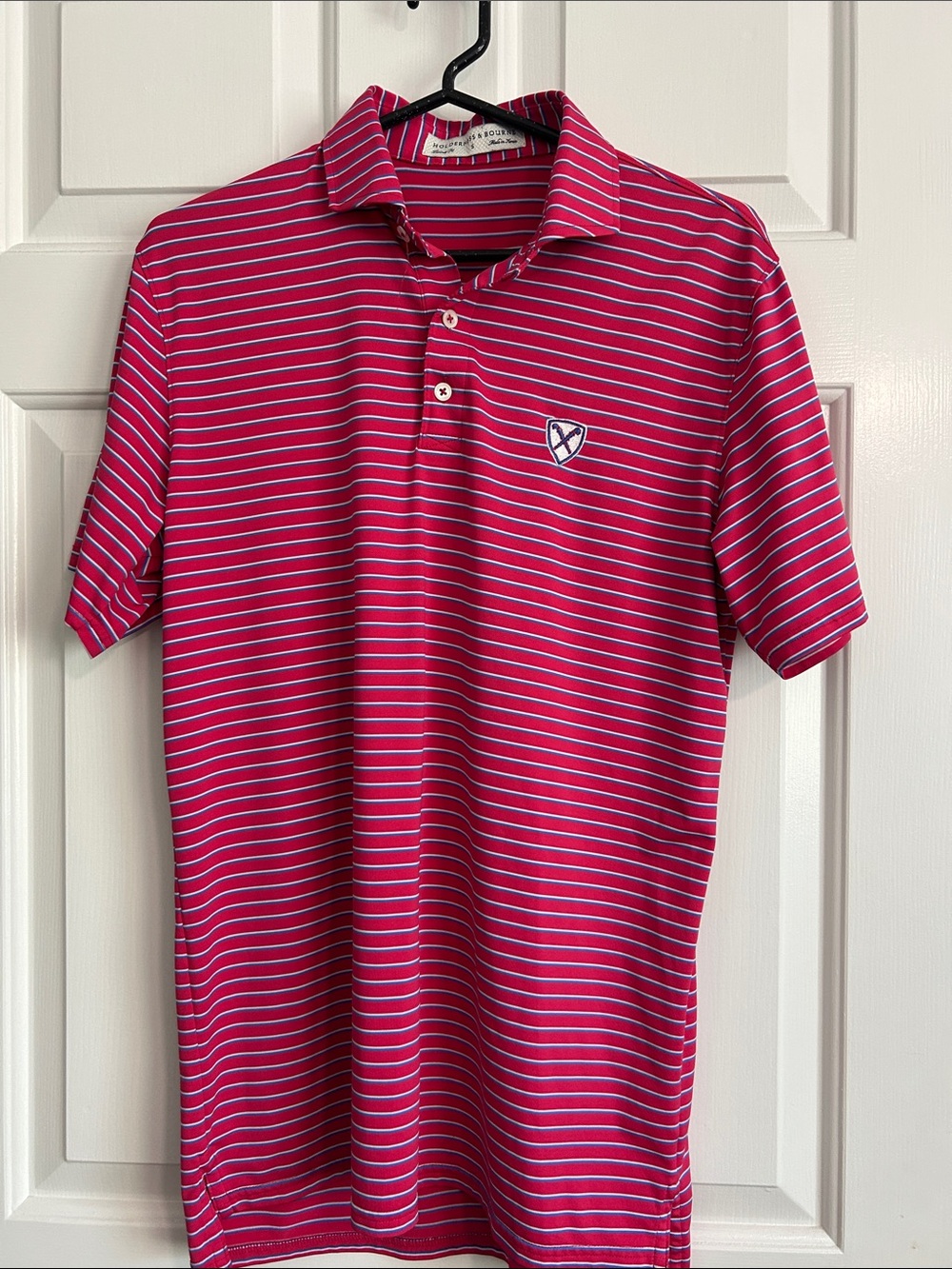 Men's Striped Pink Performance Polo with Shield Logo